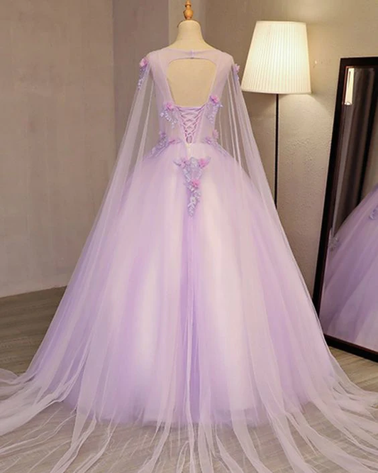 Charming Lavender Tulle Flowers Long Prom Dress, Sweet 16 Gowns gh380