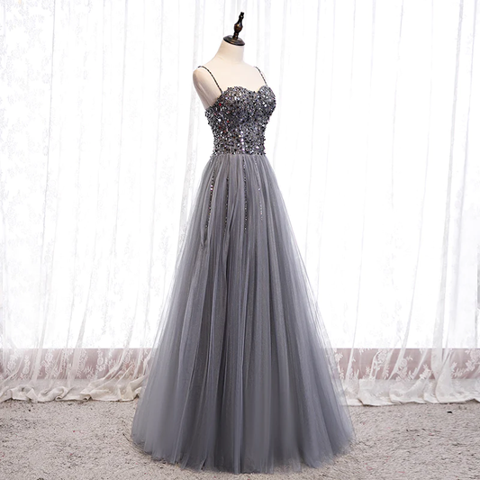Grey Beaded Straps Sweetheart Shiny Tulle Long Party Dresses, Grey Long Prom Dresses gh22