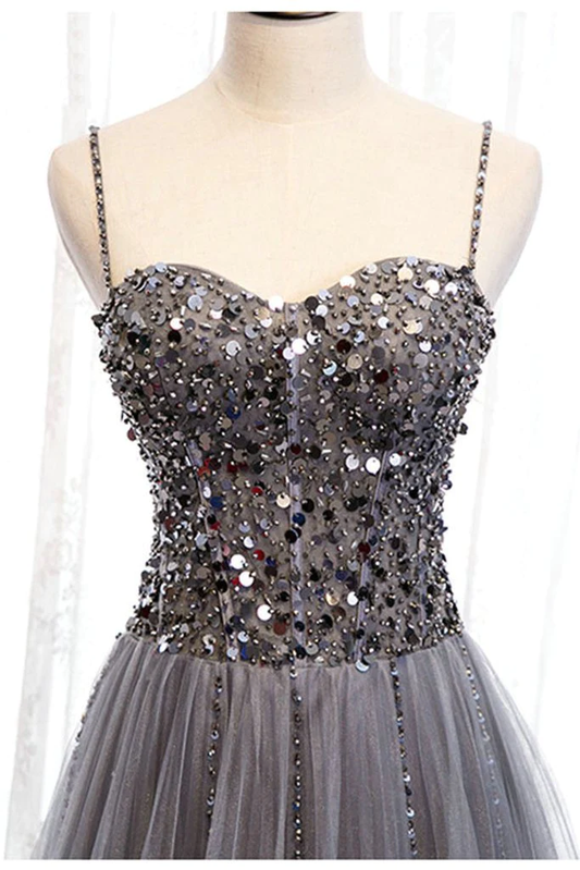 Beautiful Grey Beaded Tulle Prom Dresses, Straps Party Dress gh194