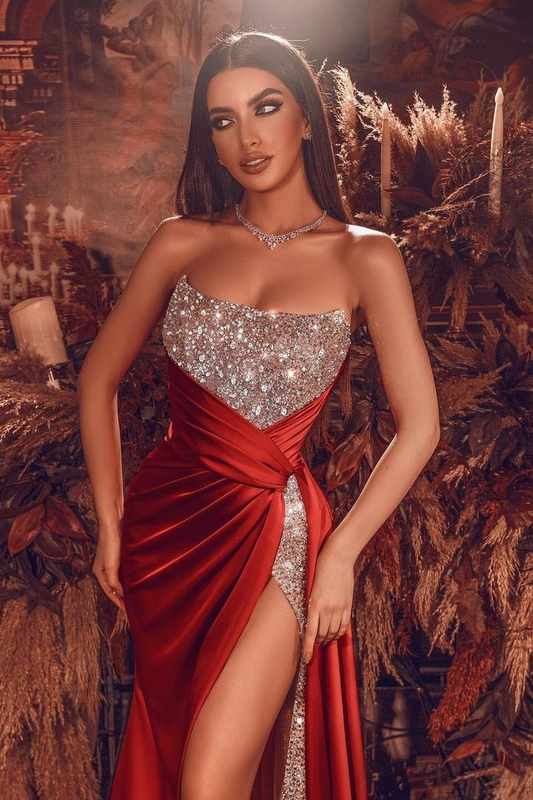 Gorgeous Strapless Mermaid Prom Dress Split Long With Sequins gh621