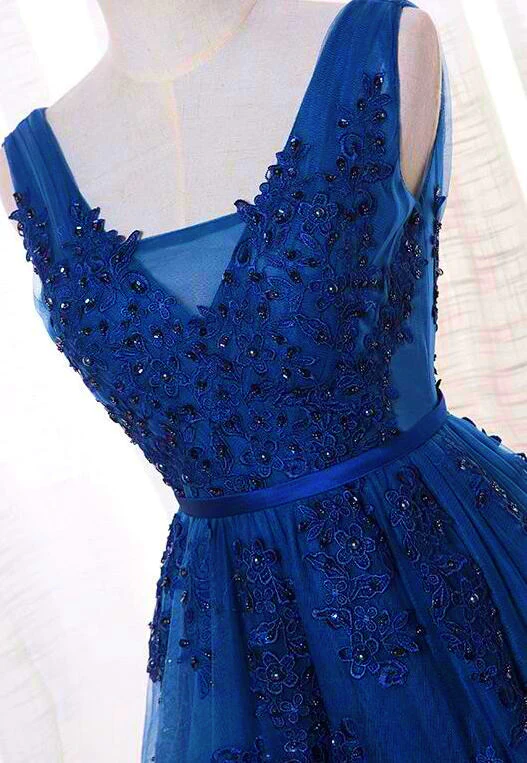 Elegant Blue Lace Applique Long Party Dress, Blue Prom Dress gh381