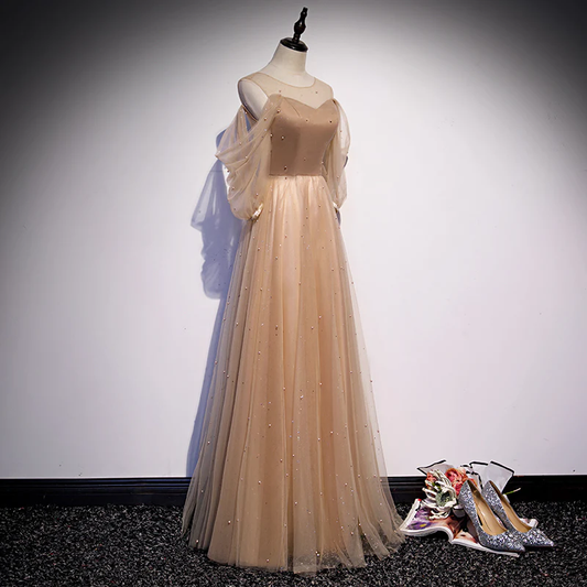 Champagne Tulle Long Puffy Sleeves Party Dresses, Beautiful Floor Length Prom Dresses gh31