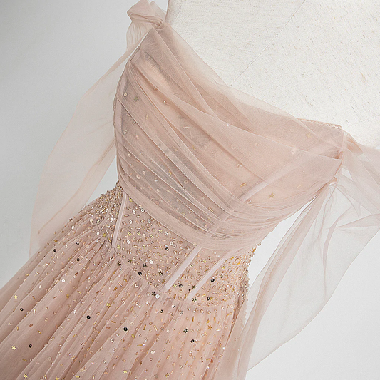 Pearl Pink Off Shoulder Long Sleeves Sequins Prom Dress, A-Line Party Dress Formal Dress gh228