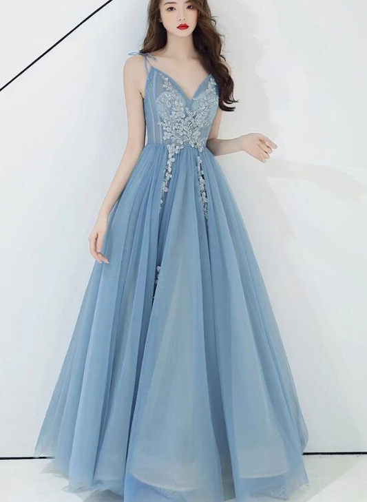 Charming Blue V-Neckline Tulle Party Dress With Staps, Long Prom Dress gh373