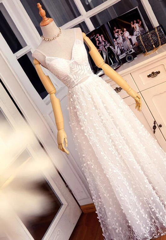 Elegant White Straps Floral Long Prom Dress Party Dress gh378