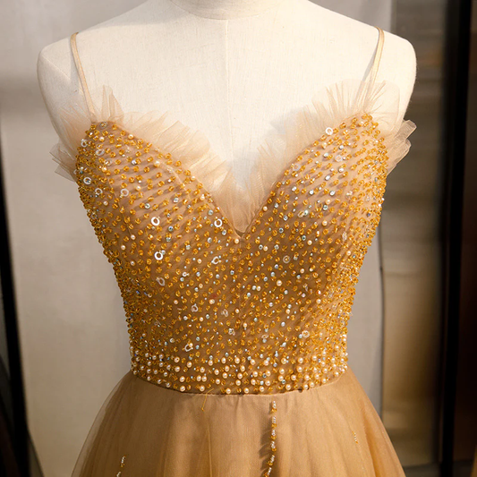 Champagne Sequins Tulle Straps Long Evening Dress Party Dress, Sweetheart Prom Dress gh25