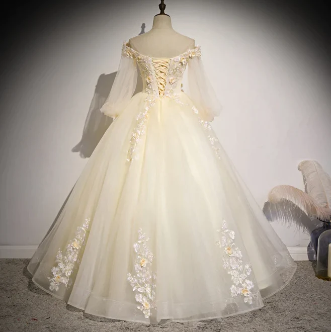 Beautiful Ivory Tulle Long Sleeves Floral Sweet 16 Gown, Party Gowns prom dress gh922