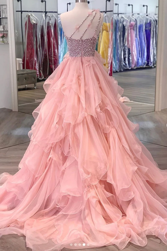 Gorgeous One Shoulder Beaded Pink Long Prom Dresses, Fluffy Pink Formal Evening Dresses, Beaded Ball Gown gh920