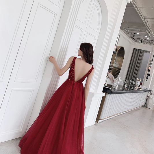 Sexy V-Neckline Wine Red Tulle Floor Length Party Dress, Red Formal Gown gh404