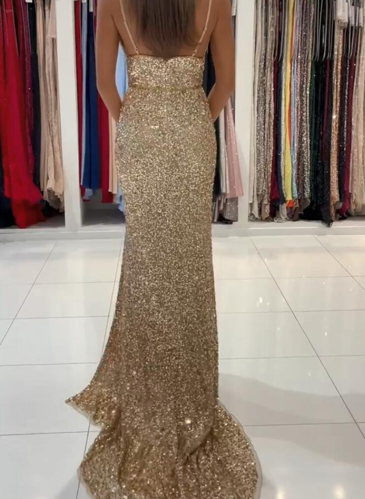 Gold Sequins Mermaid Prom Dress With Slit gh684