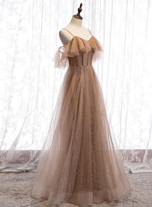Champagne Tulle Off Shoulder Straps A-Line Prom Dress, Long Evening Dress Party Dress gh26