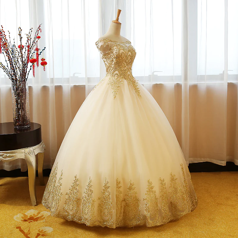 Beautiful Champagne With Gold Applique Long Party Dress, Sweet 16 Dresses gh354