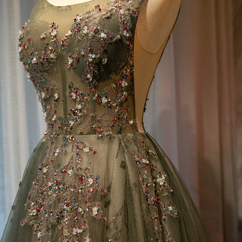Beautiful Tulle With Applique Light Green Round Neckline Prom Dress, Low Black Long Formal Dress gh92