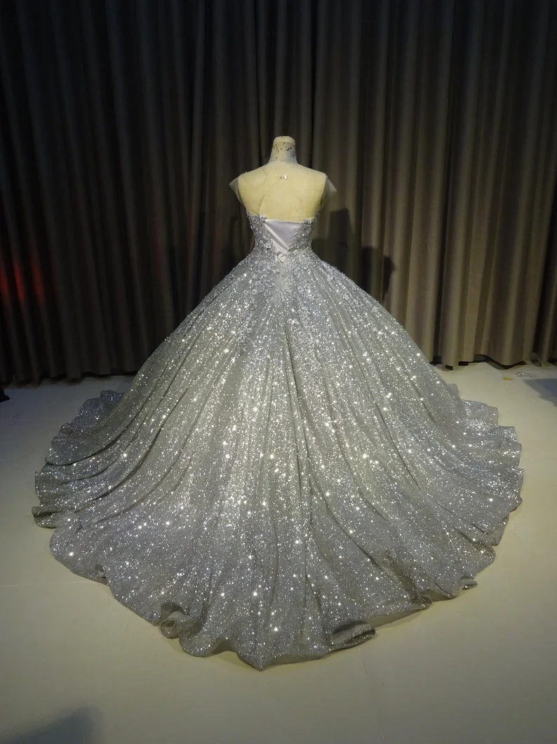 Silver gorgeous shiny elegant long exquisite sequin ball gown wedding dress modern evening dress custom dress gh932