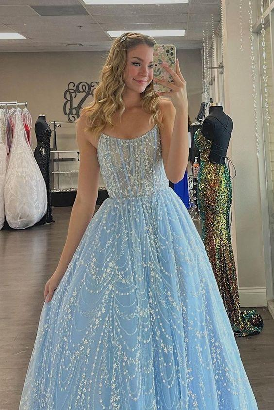 A-line blue long prom dress with spaghetti straps gh2209