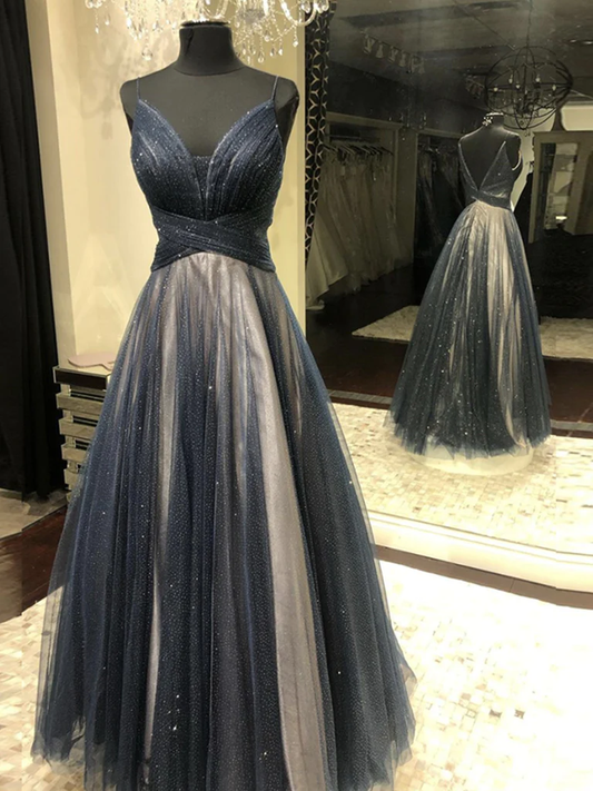 Dark Navy Blue Tulle Long Prom Dresses, Backless Dark Blue Long Formal Evening Dresses gh2265