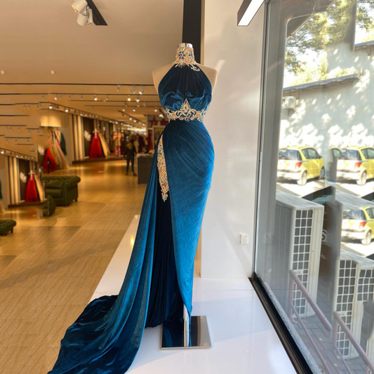 Velvet Halter Neck Mermaid Evening Dress Soft High Division Beads Prom Dresses Women's Party Dresses gh2184