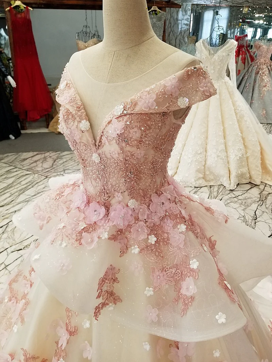 Ingvn Pink Princess Quinceanera Dress Appliques Beads 3D Flowers Prom Party Sweet 16 Ball Gown gh2074