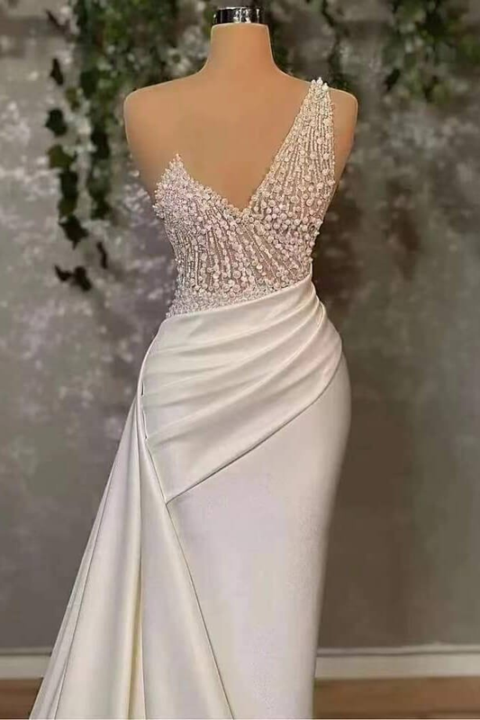 Ivory One-Shoulder Applique Elegant Prom Dress Mermaid With Ruffles gh2057