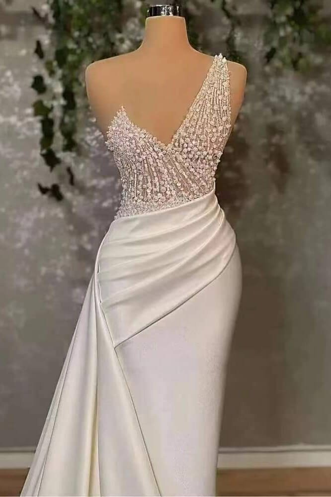 Ivory One-Shoulder Applique Elegant Prom Dress Mermaid With Ruffles gh2057