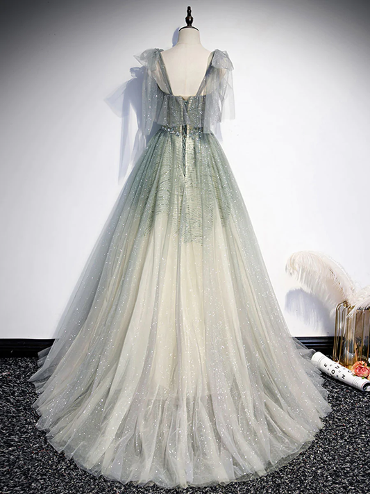 Gray Green Tulle Sequin Beads Long Prom Dress, Green Evening Dress gh2132