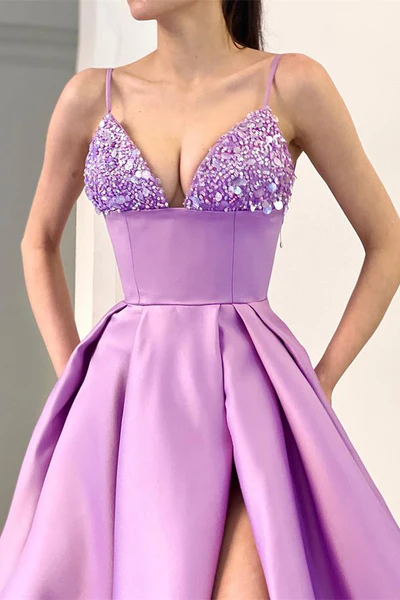 LILAC SPAGHETTI-STRAPS SLEEVELESS PROM DRESS SPLIT LONG WITH SEQUINS gh2034