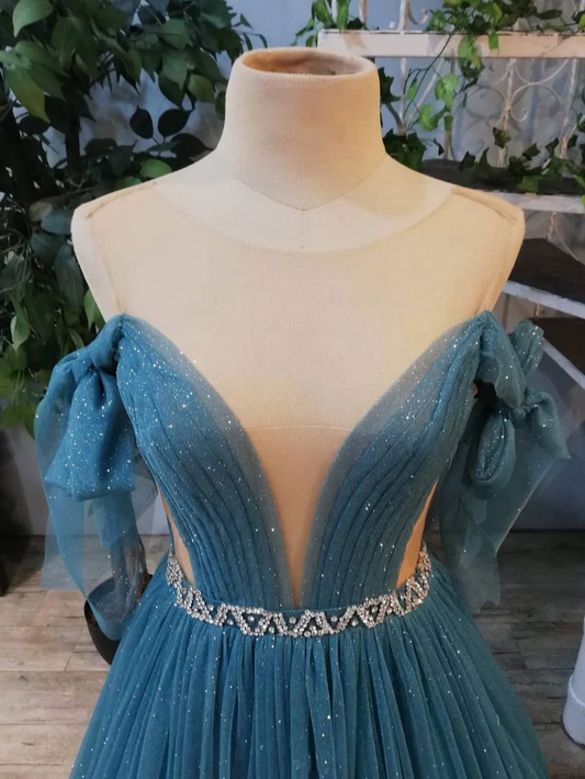 BLUE ROUND NECK TULLE SEQUIN LONG PROM DRESS, BLUE EVENING DRESS gh2206