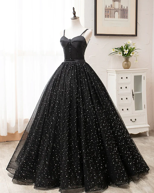 Black Tulle Satin Sweetheart Neck Long Prom Dress, Evening Dress gh2236