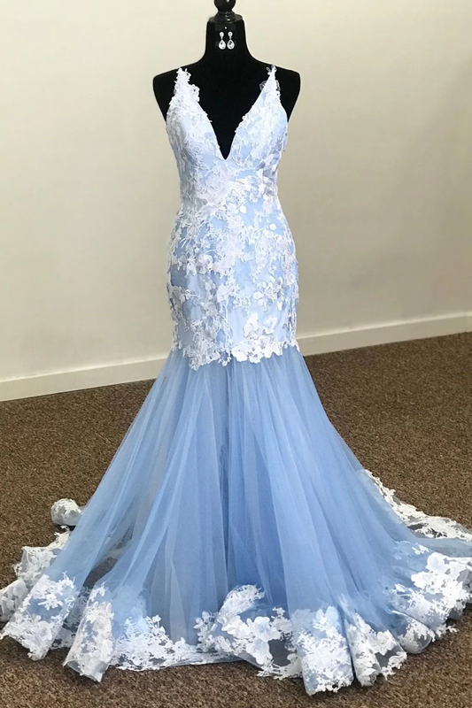 Mermaid V-Neck Lace Appliques Sky Blue Prom Dress gh2312