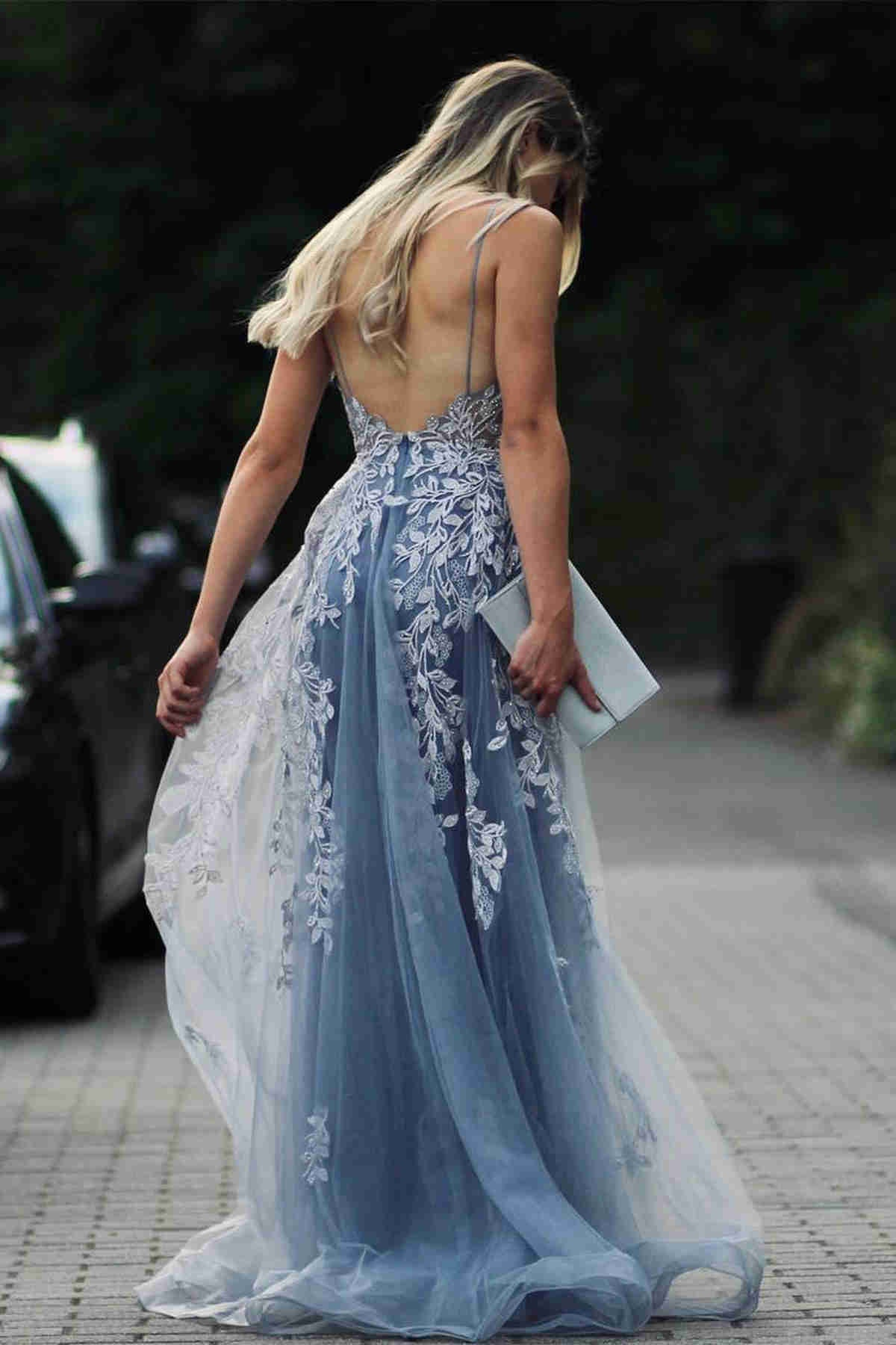 Stunning Dsuty Blue Tulle Long Formal Dress with Appliques gh2305