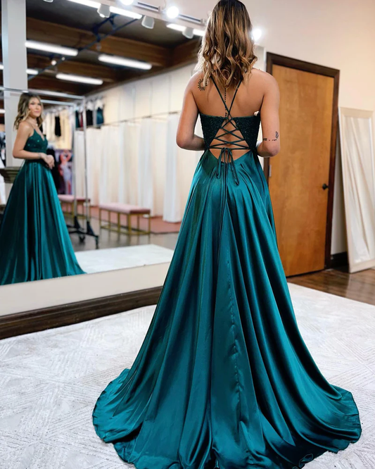 A-line Spaghetti Straps Corset Back Prom Dress With Split gh2670