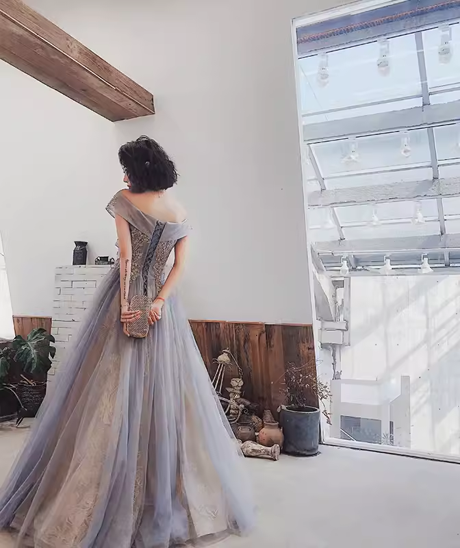 A line Off The Shoulder Gray Prom Dresses Long Evening Dress P2027