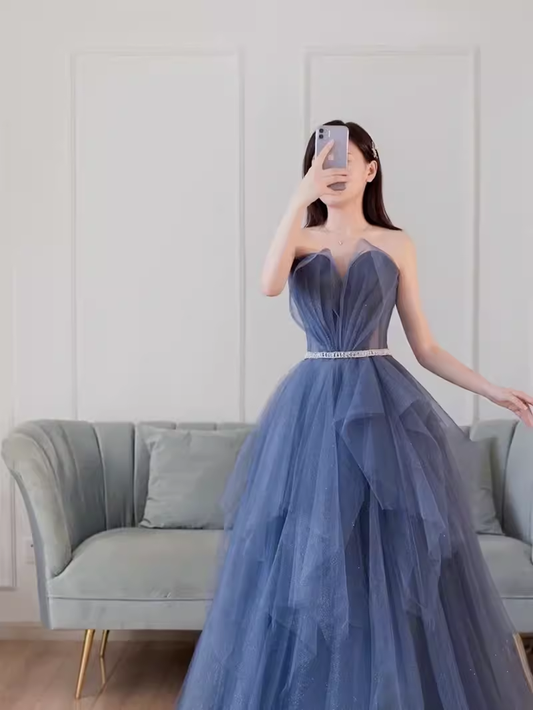Simple Ball Gown Strapless Tulle Prom Dresses Evening Dress P2148