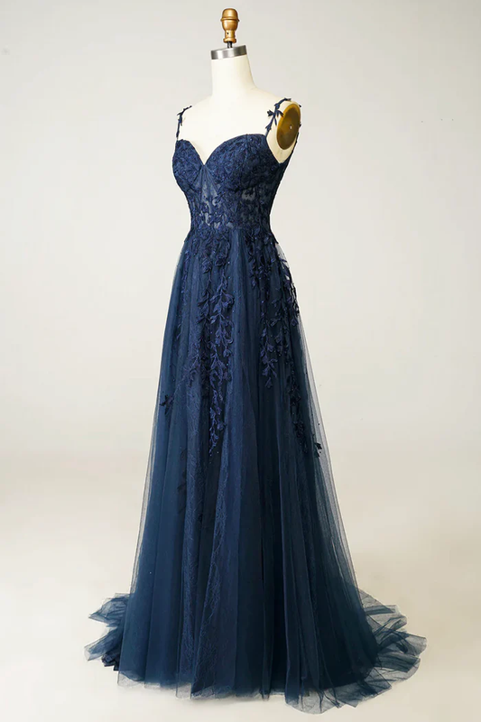 Beautiful A line Spaghetti Straps Navy Blue Lace Prom Dresses Formal Dress P2229