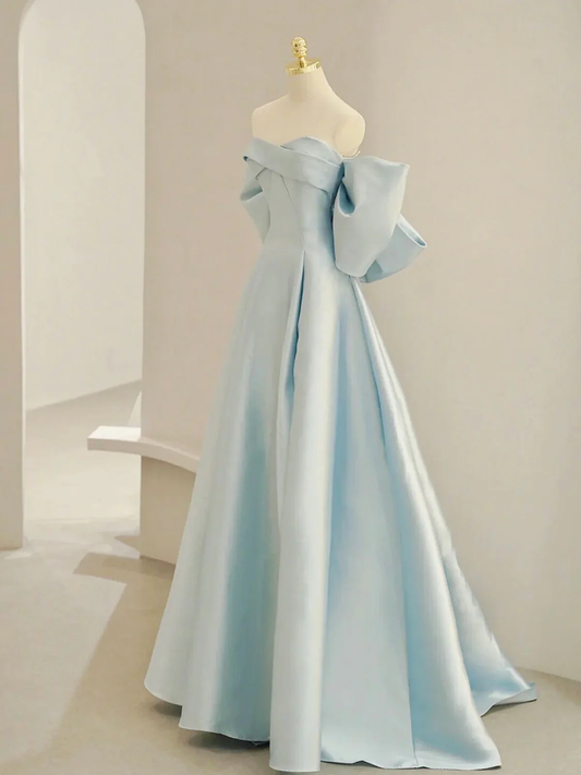 Simple A line Off the Shoulder Blue Satin Long Prom Dresses P2235