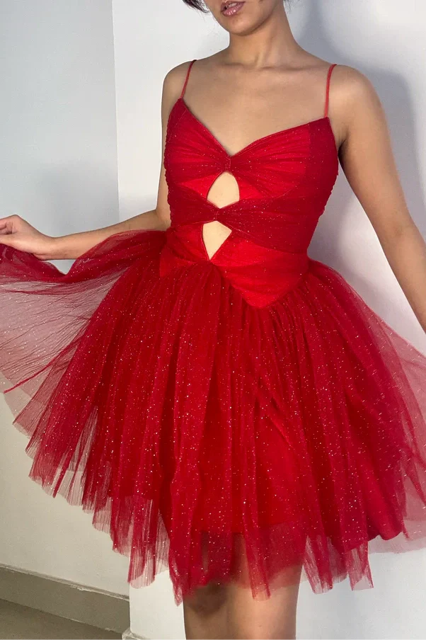 Red V-Neck Spaghetti Straps Tulle A-Line Homecoming Dress