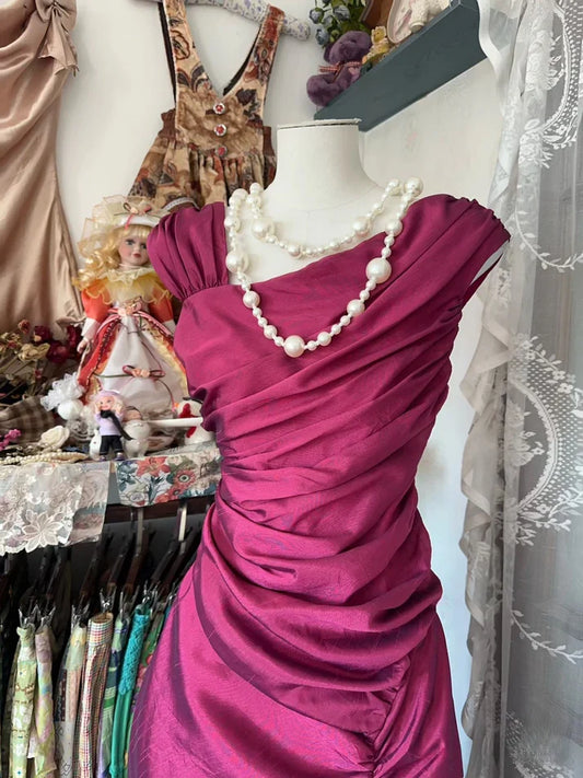 Pink Vintage Fashion Long Pleated Mermaid Slim Floor Length Satin Evening Gown Ball Gown gh3379