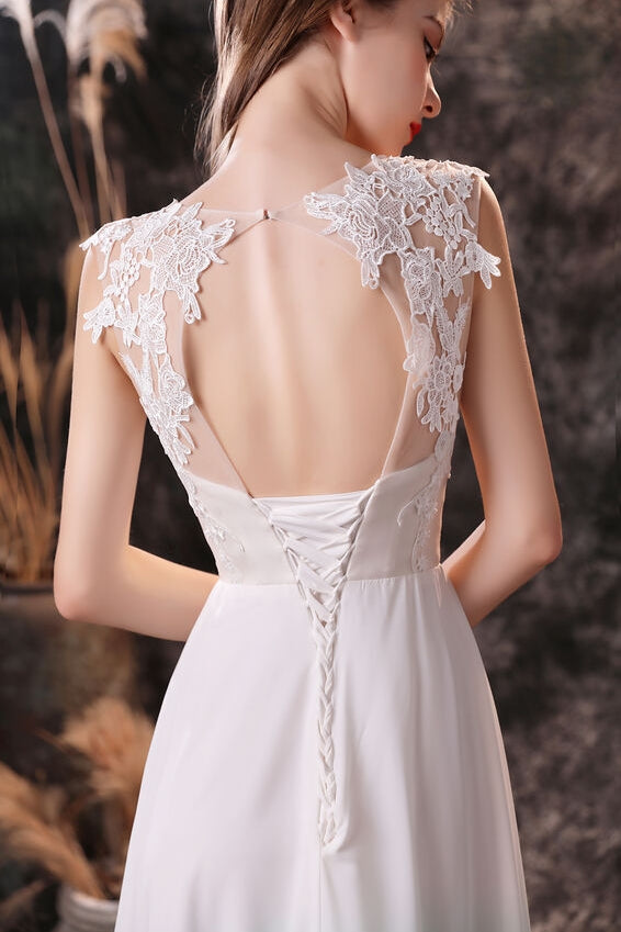 Sleeveless White and Green Chiffon Long Bridesmaid Dress