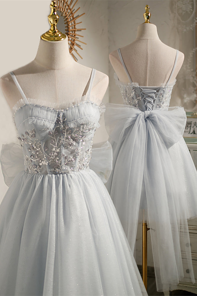 Light Blue Bow Tie Off-the-Shoulder Ruffle Beaded Homecoming Dress
