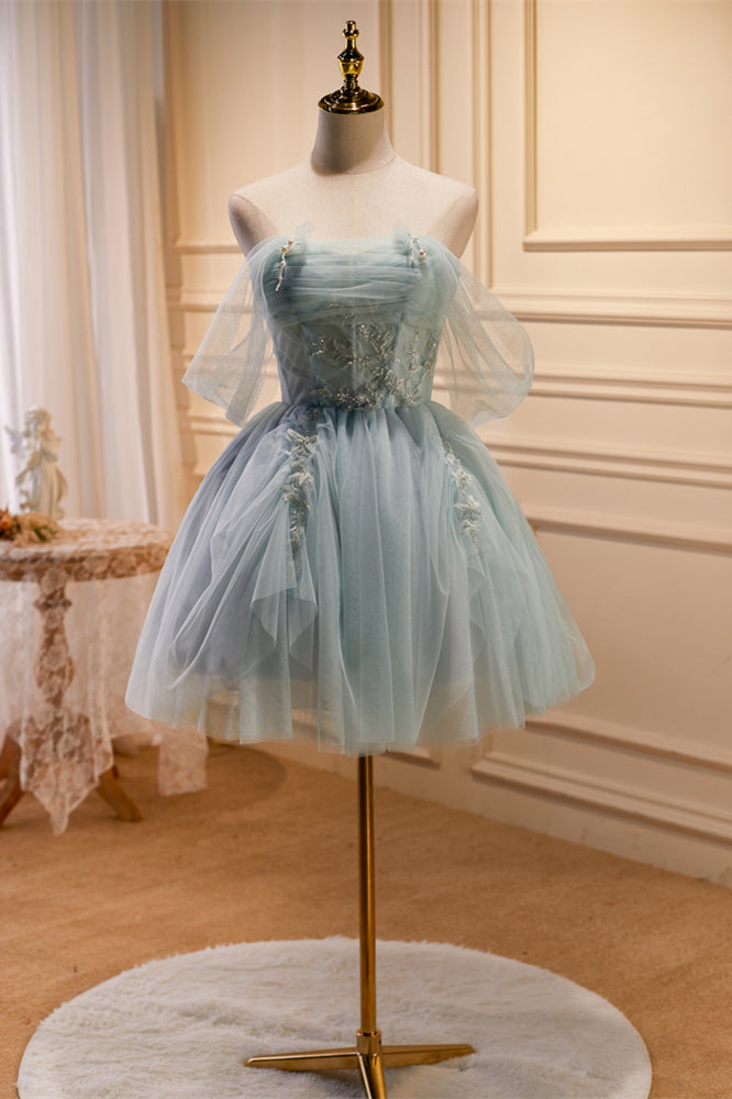 Dusty Sage Off-the-Shoulder Beaded Pleated Homecoming Dress