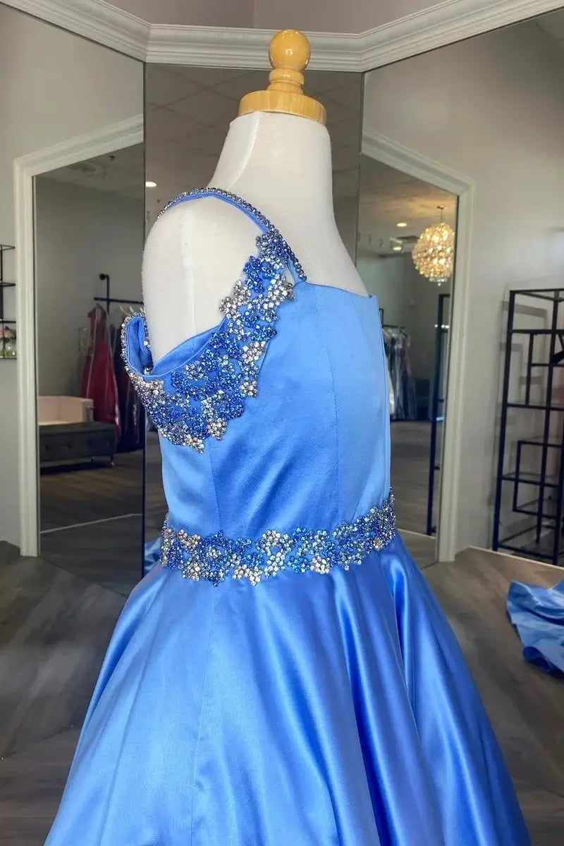 Satin A-Line Beaded Empire Long Girl Pageant Dress