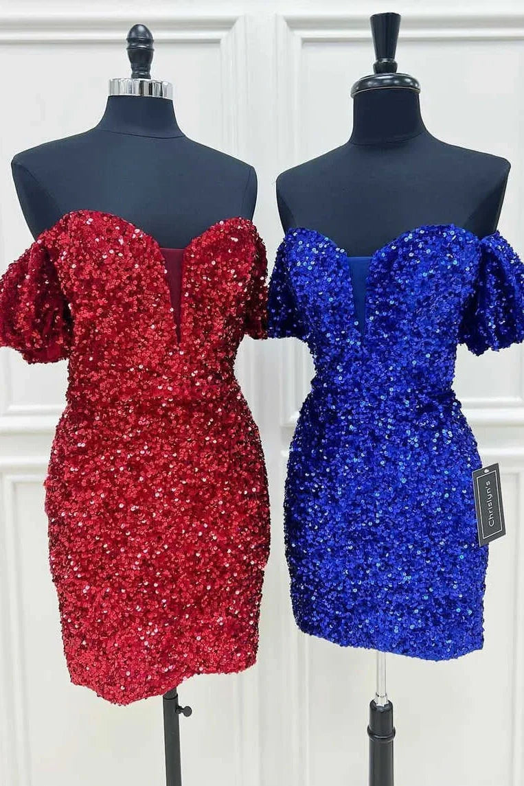 Sequins Off-Shoulder Puff Sleeves Bodycon Sequins Homecoming Dress
