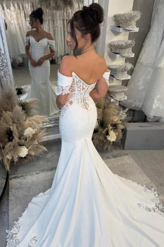 Sexy Mermaid Off-Shoulder Satin Wedding Dress With Lace Train