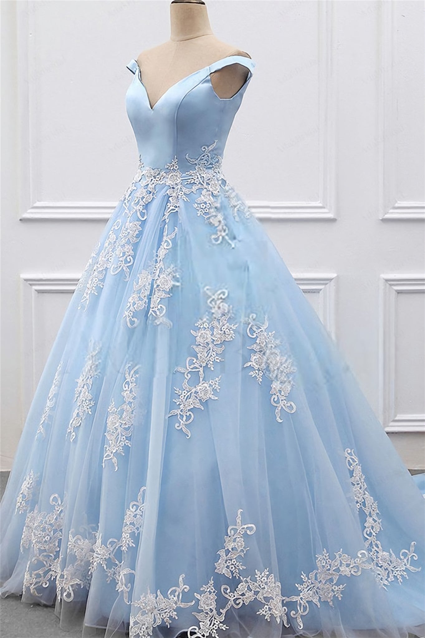 Light Blue Appliques Off-Shoulder A-line Long Prom Dress