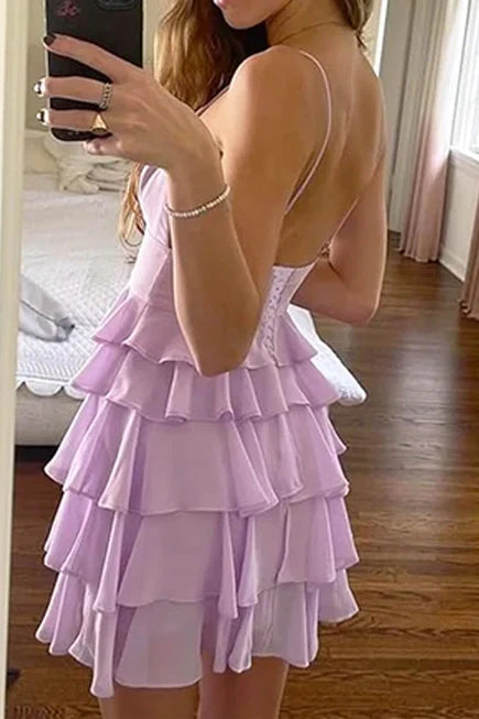 Spaghetti Straps V-Neck A-Line Empire Tiered Homecoming Dress