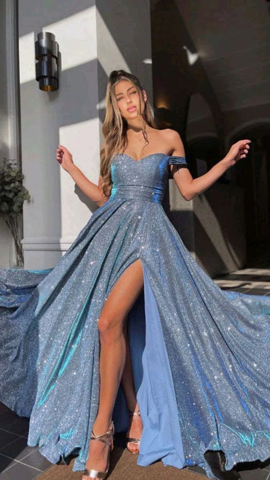 Sparkly Off Shoulder Evening Dress High Slit Long Party Dresses