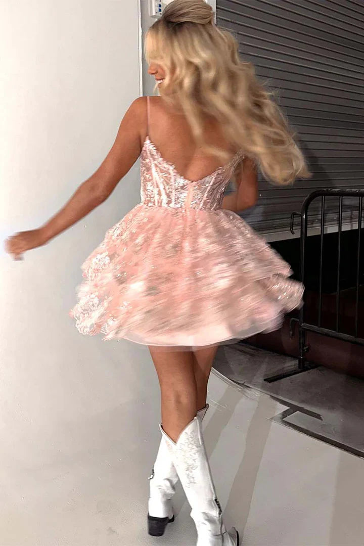 Sparkly Lace A-Line Sweetheart Sleeveless Tiered Homecoming Dress