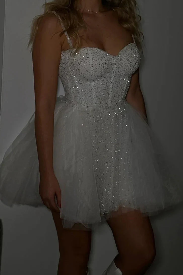 Sparkly Sweetheart Spaghetti Straps Tulle A-Line Homecoming Dress