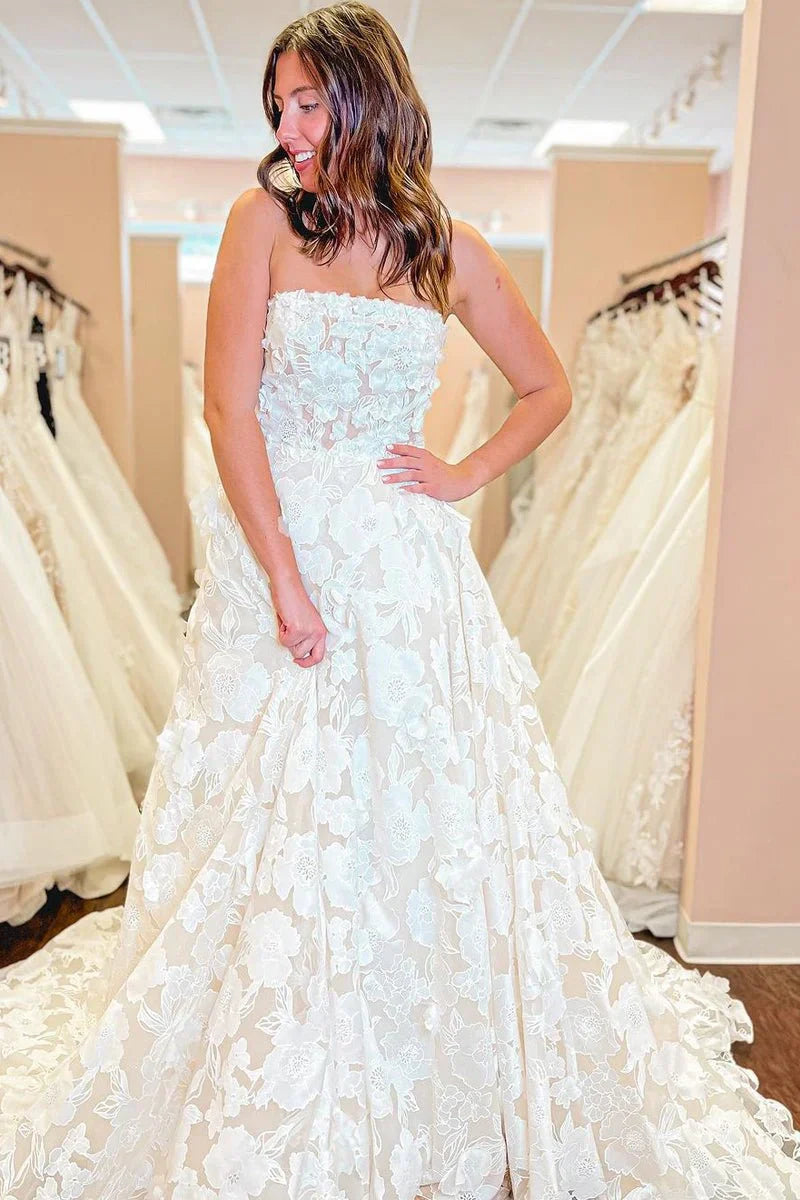 Strapless A-Line Empire Lace Long Wedding Dress