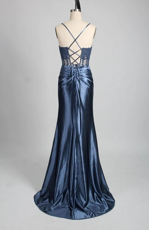 Straps Appliques Satin Mermaid Prom Dress With Slit